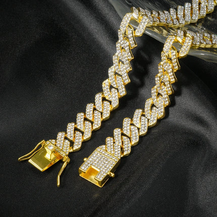HipHop Men Women 13MM Prong Cuban Link Chain Bracelet Bling Iced Out 2 Row Rhinestone Paved Miami Rhombus Cuban Chain Jewelry