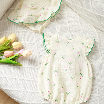 0-24 Months Baby girl Summer Bodysuit small floral bow and flying sleeves, fashionable Bodysuit+Hat 2Pcs Baby girl Crawling Suit