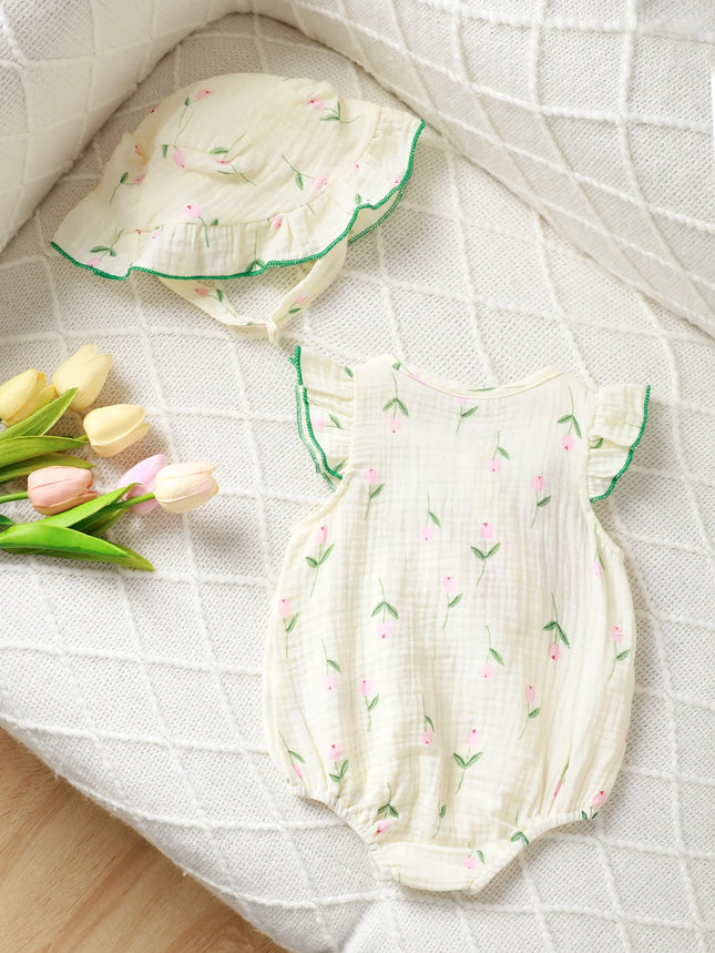 0-24 Months Baby girl Summer Bodysuit small floral bow and flying sleeves, fashionable Bodysuit+Hat 2Pcs Baby girl Crawling Suit