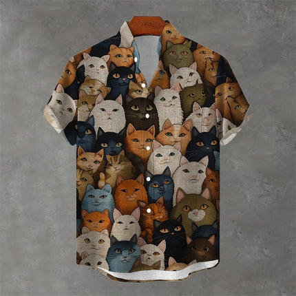 Men's New Short-Sleeved Shirt, Cartoon Cat Print, Hawaiian Style Casual Vacation Lapel Top, Wrinkle-Resistant and Non-Iron.