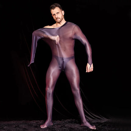 Sexy Men's Bodysuit Oil Shiny Glossy Tights Long Sleeves High Elastic Jumpsuits Exotic Leotard Thin Sheer Catsuit Body Stockings