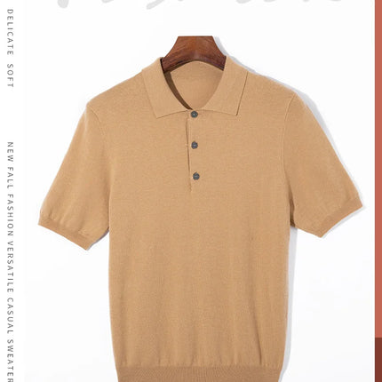 Men's short sleeved polo shirt, stylish top, knitted T-shirt, 2024 summer wool blend casual business pullover