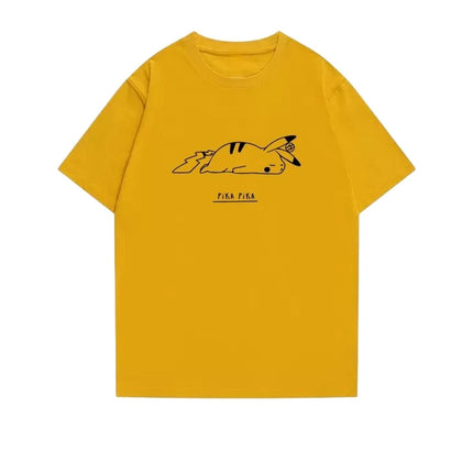 2026 Summer Pokemon Sleeping Pikachu Line Art Print T-Shirt, 100% Cotton Loose Casual Oversized Tee for Adults & Kids Y2k