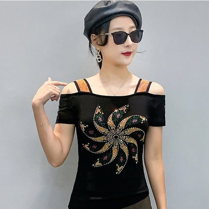 New Summer European Clothes Women's T-Shirts Luxury Butterfly Hot Diamonds Tees Sexy Streetwear Off-Shoulder Tops Shirt