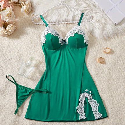 New Green Sexy Strap Women's Bra Set Dress Temptation Ultra Short Split Skirt Sleep Dress Underwear Set Home Underwear Clothing