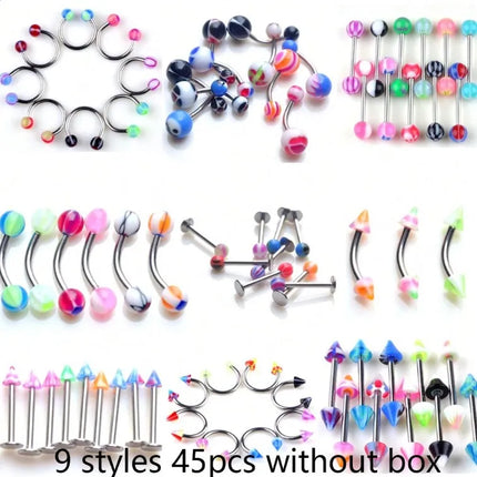 45/90PCS Stainless Steel Body Piercing Jewelry Nose Ring Tongue Bars Navel Eyebrow Lip Labret Piercing Jewelry Horseshoe Rings