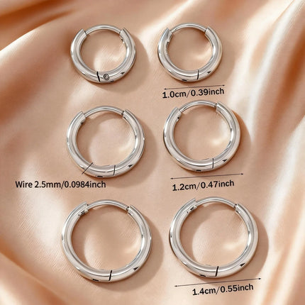 Premium Stainless Steel Ring Stud Earrings 6-piece Set | 10/12/14 Mm Three Sizes | Hypoallergenic Daily Premium Gift