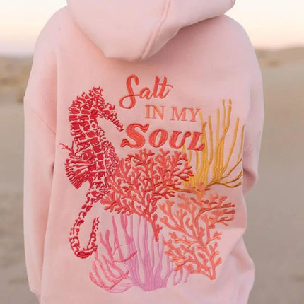 Combhasaki Women Loose Y2K Aesthetic Letter Sea Embroidered Hooded Long Sleeve Sweatshirts Pullover Tops with Kangaroo Pockets