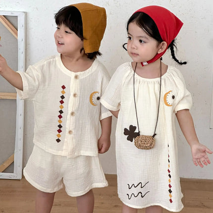 RAISE 2026 Summer Siblings Attires Children Pure Cotton Pajamas Set Kids Boys Tees+shorts Homewear Suit Kids Girls Print Dress