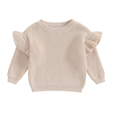 Pudcoco Infant Newborn Baby Girl Sweaters Cute Ruffle Long Sleeve Solid Color Knit Pullover Toddler Loose Tops 0-3T
