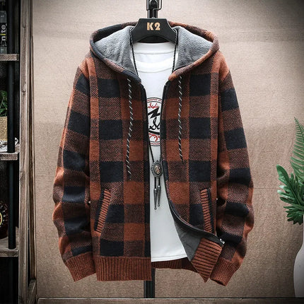 2023 Autumn/winter Fleece-lined Trendy Color Block Versatile Hooded Men's Cardigan Youth Outerwear Knitted Top For Men