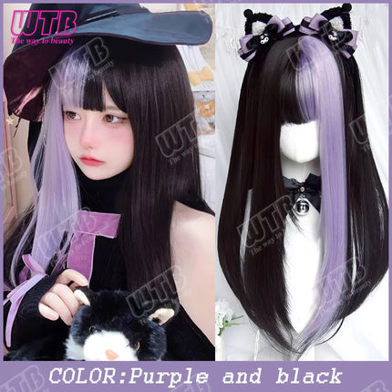 WTB Pink Highlighted Synthetic Lolita Wig for Women Long Straight with Bangs Suitable for Everyday Wear Holidays and Cosplay