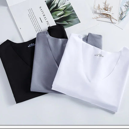 4Pcs Summer Ice Silk Men T-Shirt Vest Men's No Trace Sports Short Sleeve T-shirt Solid V-neck Tees Quick Dry Shirt Tops Fitness