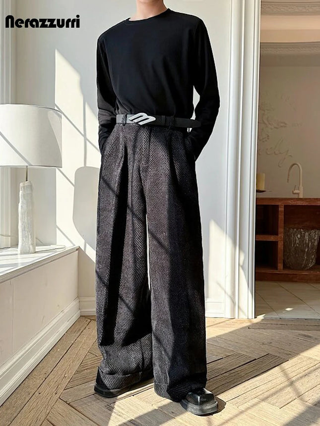 Nerazzurri Spring Autumn Long Velvet Wide Leg Pants for Men High Waist Loose Casual Flowy Soft Luxury Menswear Clothing 2026