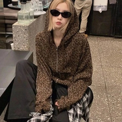 Aesthetic Hot Girl Loose Leopard Print Hoodie Women's Gothic Y2k New Zipper Hooded Coat Female Fashion Vintage Thin 2025 Clothes