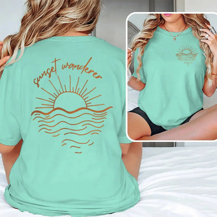 Beach Sunset Graphic T Shirts Women Men Beach Sunset Design Casual Tops Tees Tropical Beach Short Sleeve T-shirt