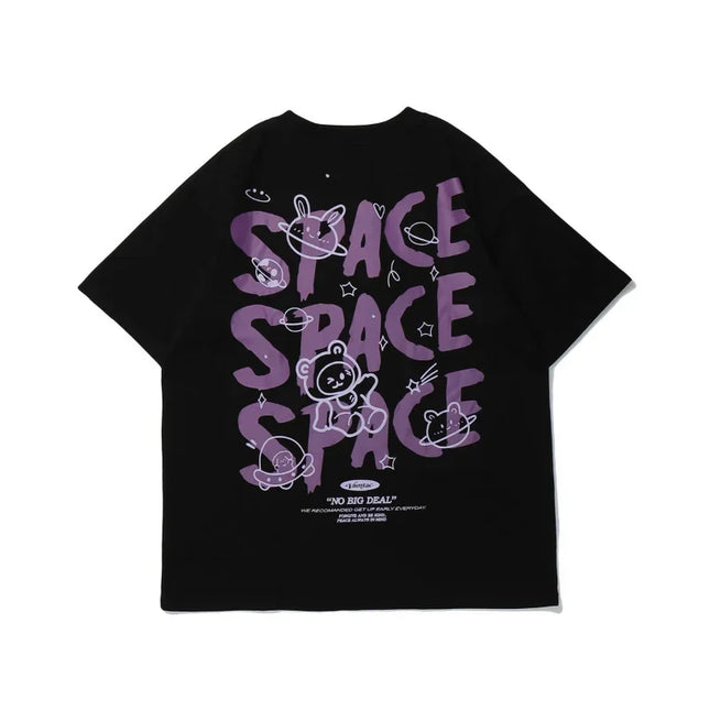 Women T-Shirt Print Bear Graffiti Short Sleeved Space Oversized T-shirt Loose Retro Harajuku Style Couple Shirt Tops Y2k