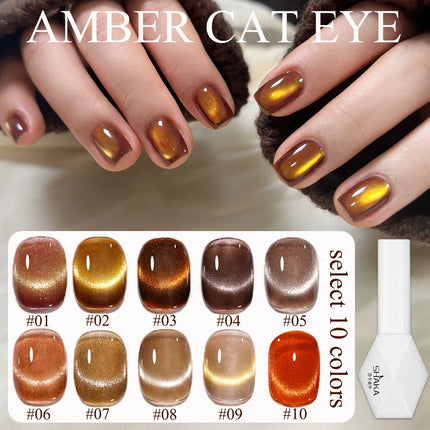 1pcs WS Autumn Winter Nails Amber Gold Brown Glass Bead Cat Eye Gel Nail Polish Glue Set Golden Crystal Stone Cat Eye Brown Nail