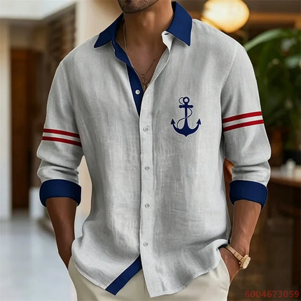 2026 Summer New Men's Long-Sleeve Shirt, Contrasting Collar with Anchor Print, Fashionable Casual Hawaiian Shirt, XS-6XL