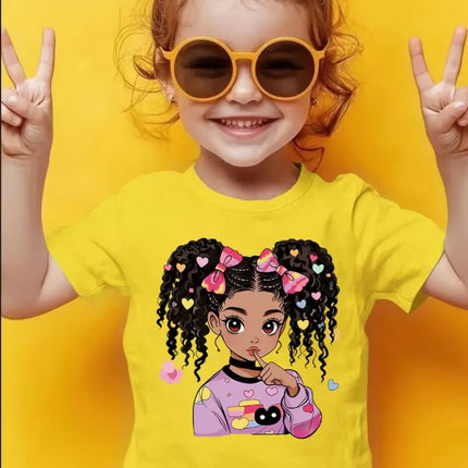 Girls' Summer Crew-Neck Short-Sleeved Top New Black Girls Cute Top Girls Clothes Cartoon Print T-Shirt Top Children's Clothing