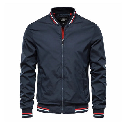 New spring-autumn men's jacket - casual and lightweight windproof coat with zipper closure, striped ribbed collar and cuffs.