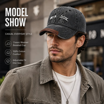 Vintage Washed Cotton Baseball Cap Men Women Letter M Embroidery Dad Hat Retro Leather Brim Edge Snapback Sun Hat Gorras Bone