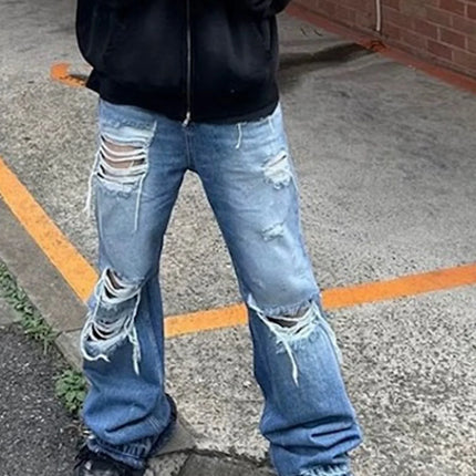 MIJKO Unisex Wide Leg Flared Jeans Torn Hole Cut with Cat Whisker Fringe Blue for Men And Women ZJ014