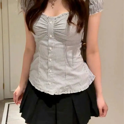 Slim Fit ort Sve irt V-Ne Beautiful Striped Flng Sve Top Trendy Girl's Faion Casual Wear Summer 2025