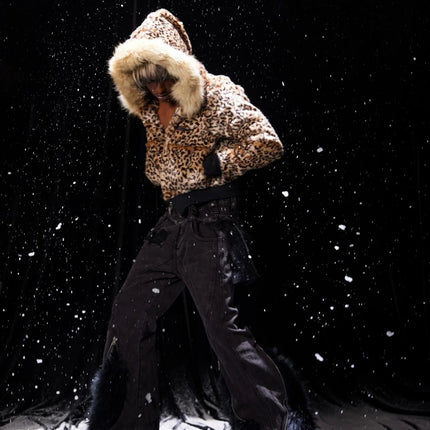 Autumn and Winter Trendy Leopard Pattern New Hoodie Jacket Top Warm Cardigan Velvet Collar Splicing Coat