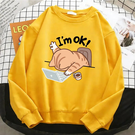 Funny Womens Solid Hoodies Computer Cat Basic Warm Fleece Sweatshirt Soft Breathable O-Neck Pullover Casual Female Clothes