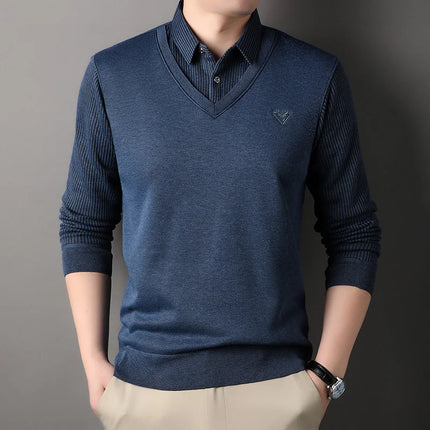 Autumn and Winter New Collection with Fleece Fake Two Piece Long Sleeved Polo Shirt for Men Fashionable and Casual Versatile Top
