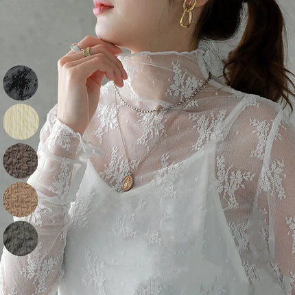 Women's Half High Collar Lace Blouse - Spring/Autumn Hollow Mesh Top - Sexy Western-Style Long Sleeve T-shirt Crop Top