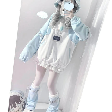 Y2k Subculture Long Sleeve Hoodie Women Casual Sweet Cat Ears Sweatshirt Patchwork Solid Kawaii Zipper Punk Style 2025 Autumn