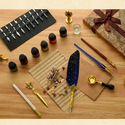 Luxury Fountain Pen Set, Retro Sprinkling Feather Pens Calligraphy Writing Dip Kit with Wax Seal Stamp & Replace Nibs, Gift Box