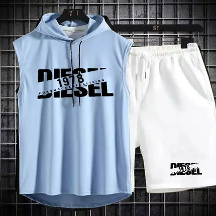 Summer breathable letter printed sleeveless hooded sports suit men's quick drying vest shorts two-piece set