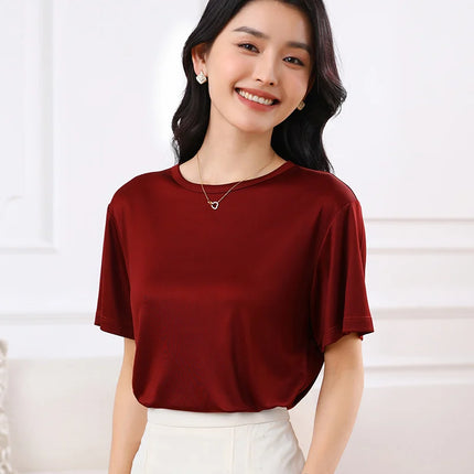 Summer Women's Short Sleeve O-Neck T-Shirt Knitted Acetate Fabric High-End Thin Pullover Top for Ladies