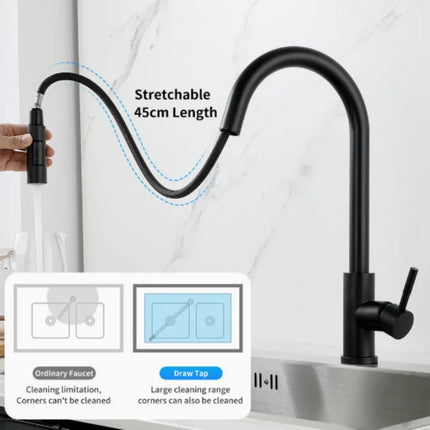 Modern Matte Black Kitchen Faucet Single Handle Pull Out Sprayer Two Function Mixer Tap Deck Mounted Hot Cold Water Household Ki