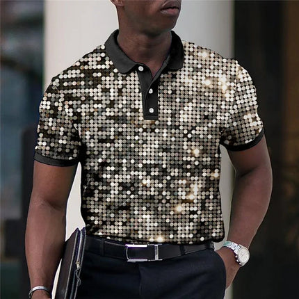 Summer Men's Polo Lapel Golf Shirt with Printed Geometric Pattern Fold