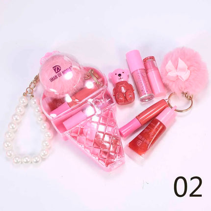 Cute Ice Cream Bear Lip Gloss Set Keychain Lip Gloss Waterproof Longlasting Girls Lips Makeup