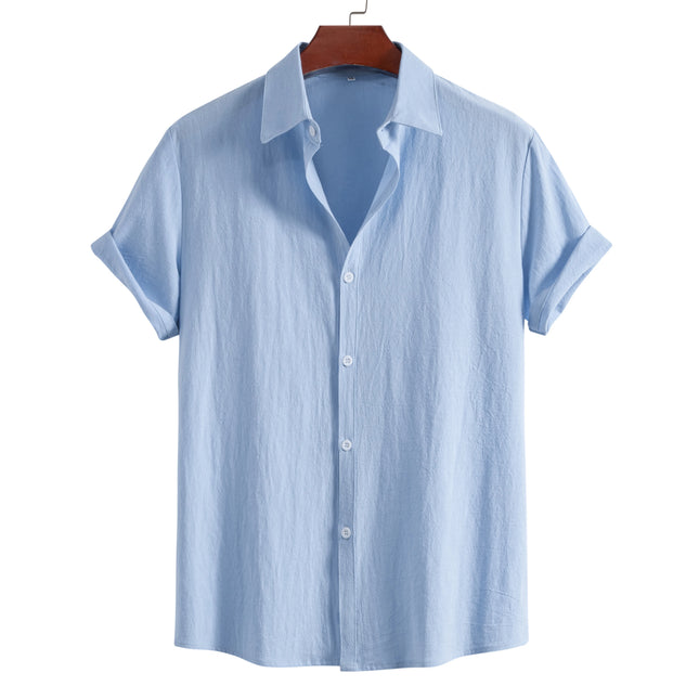 Men's Summer Lapel Short Sleeve Solid Color Button Cardigan, Fashionable Cotton Men's Shirt Tops