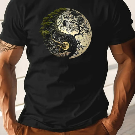 Men's summer 100% pure cotton fashionable casual loose sports yin-yang tree pattern print round neck short-sleeved T-shirt top