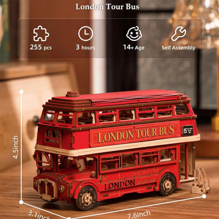Robotime rolife London Tour Bus 3D Wooden Puzzles Wood Model Toy Car to Build Crafts Collectibles Gifts for Boys Girls