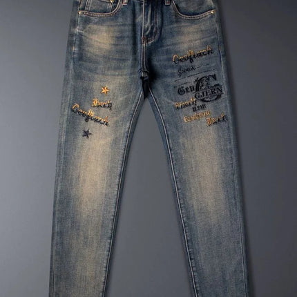 New Spring/Autumn Fashion Trendy Printed American Retro Straight Leg Jeans Men's Casual Sports High Quality Stretch Denim Pants