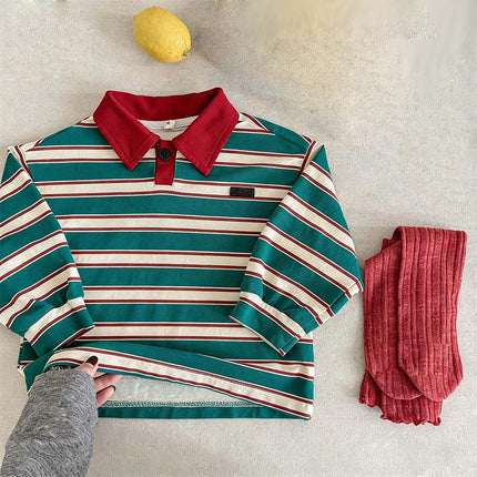 2026 Spring Children's Clothes Girls Long Sleeved T-shirts Toddler Boys Striped Tops Autumn 1-6Year Kids Polo Shirt