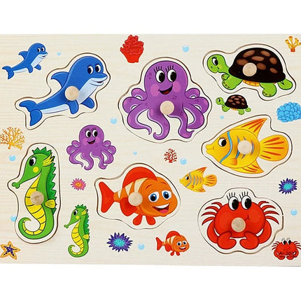 30cm Baby Toys Montessori Wooden Puzzle Hand Grab Board Educational Wood Puzzles for Kids Cartoon Animal Vehicle Child Gift