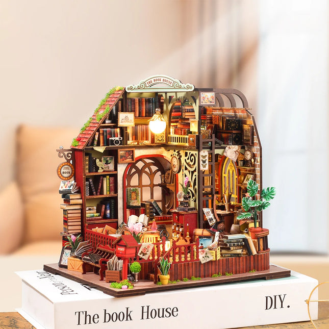 DIY Assembly Handmade Cottage 3D Stereoscopic House Book Stand Series Lighting Puzzle Toys Desktop Decoration Model Girls Gifts