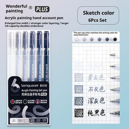 Languo 6 Colors Acrylic Painting Handbook Pens Multi-Color Gel Pen Student Neutral Pen Writing Marker Stationery