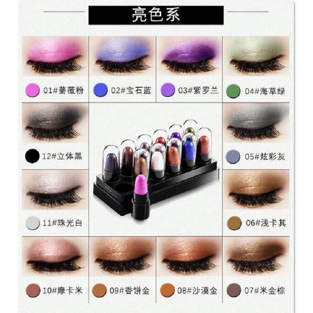 Eyeshadow Pencil Set 12 Colors Waterproof Long Lasting Glitter Shimmer Eye Shadow Pen Highlighter Stick Eyes Makeup Tools