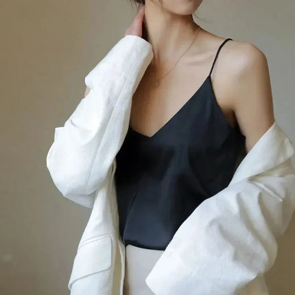 2026 Spaghetti Strap Top Women Halter V Neck Basic White Cami Sleeveless Satin Silk Tank Tops Women's Summer Camisole Crop Top