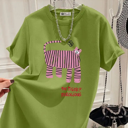 Summer New Fun Tiger Cartoon Print T-shirts Women Clothing Fashion All-match Pure Cotton Short Sleeve Top Tee Y2k Loose Pullover